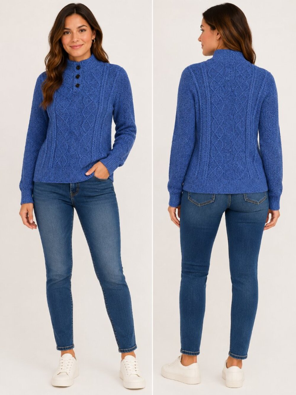 RW&CO Women’s M Blue Cable Knit Mock Neck Sweater